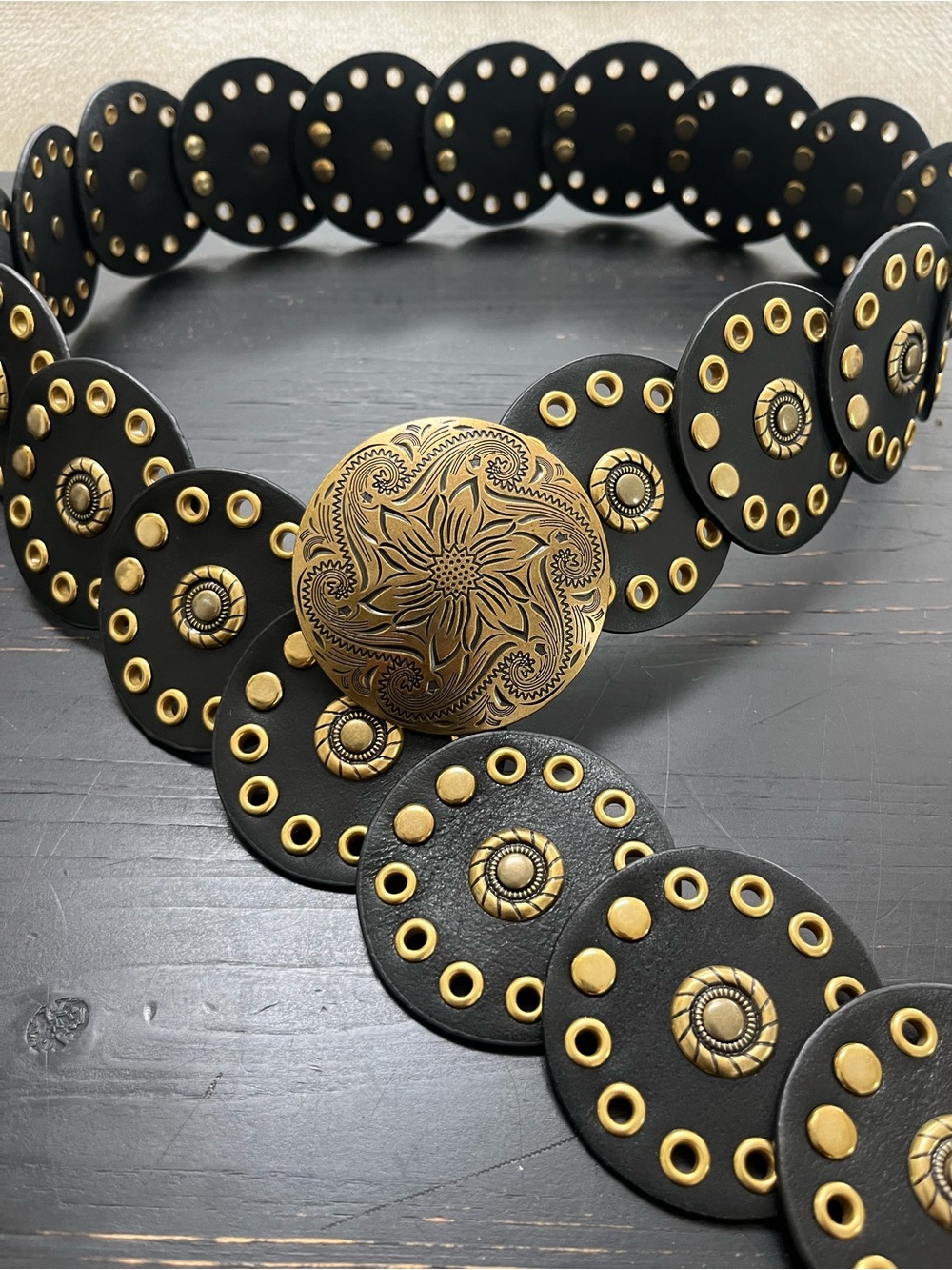 Wide Disc Belt in Black & Gold Decorative with Floral Concho  80s vibe